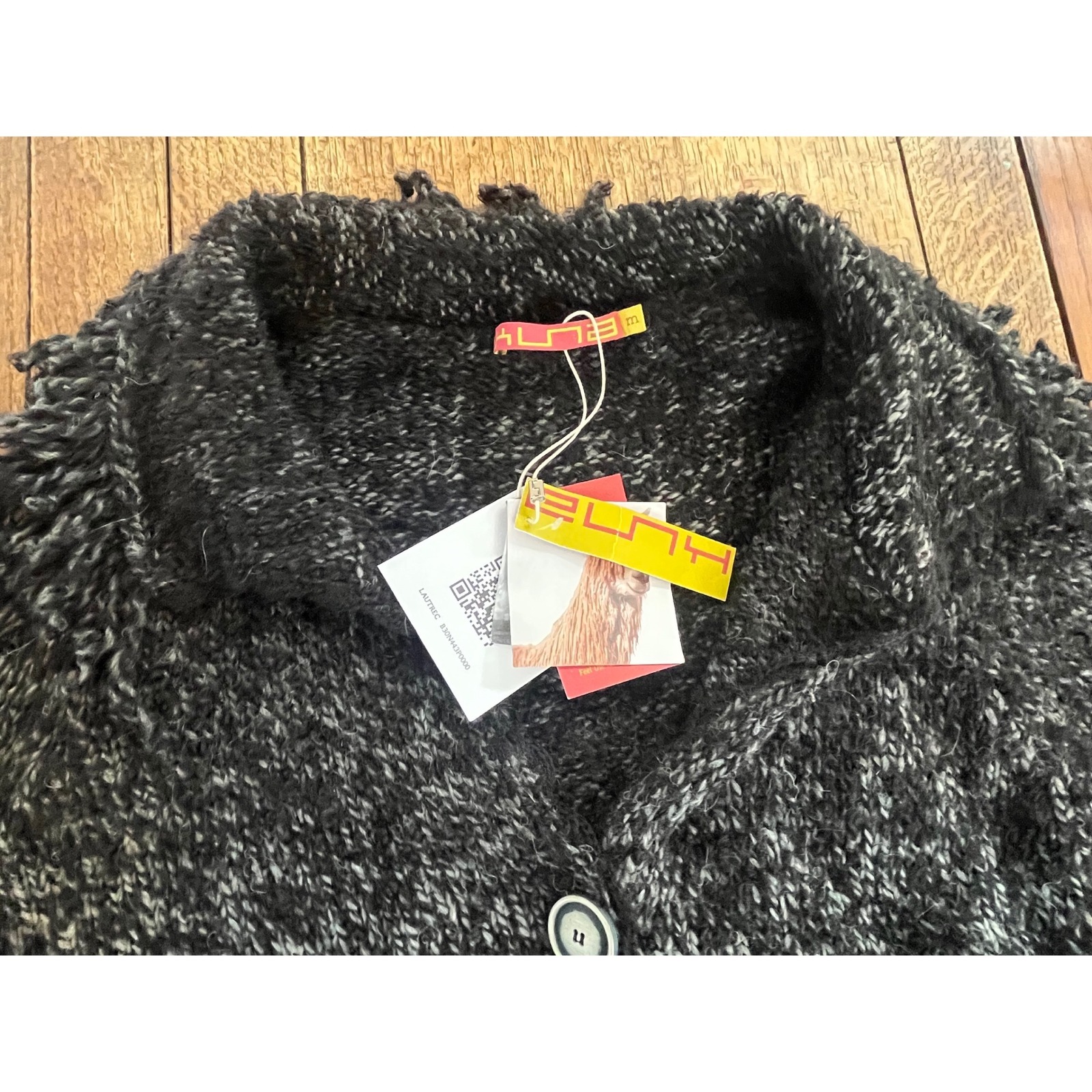 Kuna Baby Alpaca Wool Fringe Sleeve Cardigan M Nwt Y2k Marled Button Black Grey — image 3 of 8